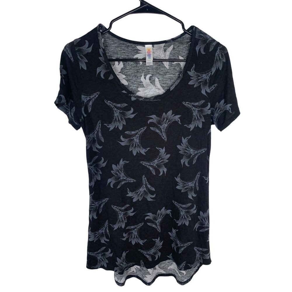 Lularoe Black & Gray Floral T-Shirt XS 100% Rayon Womens Casual Short Sleeve Top